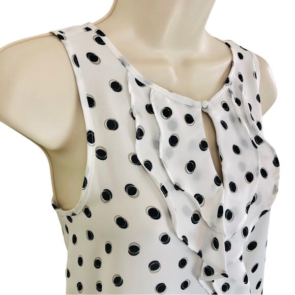 Elle White Black Polka Dot Sleeveless Top Ruffle Front Keyhole Button Closure - Picture 3 of 16